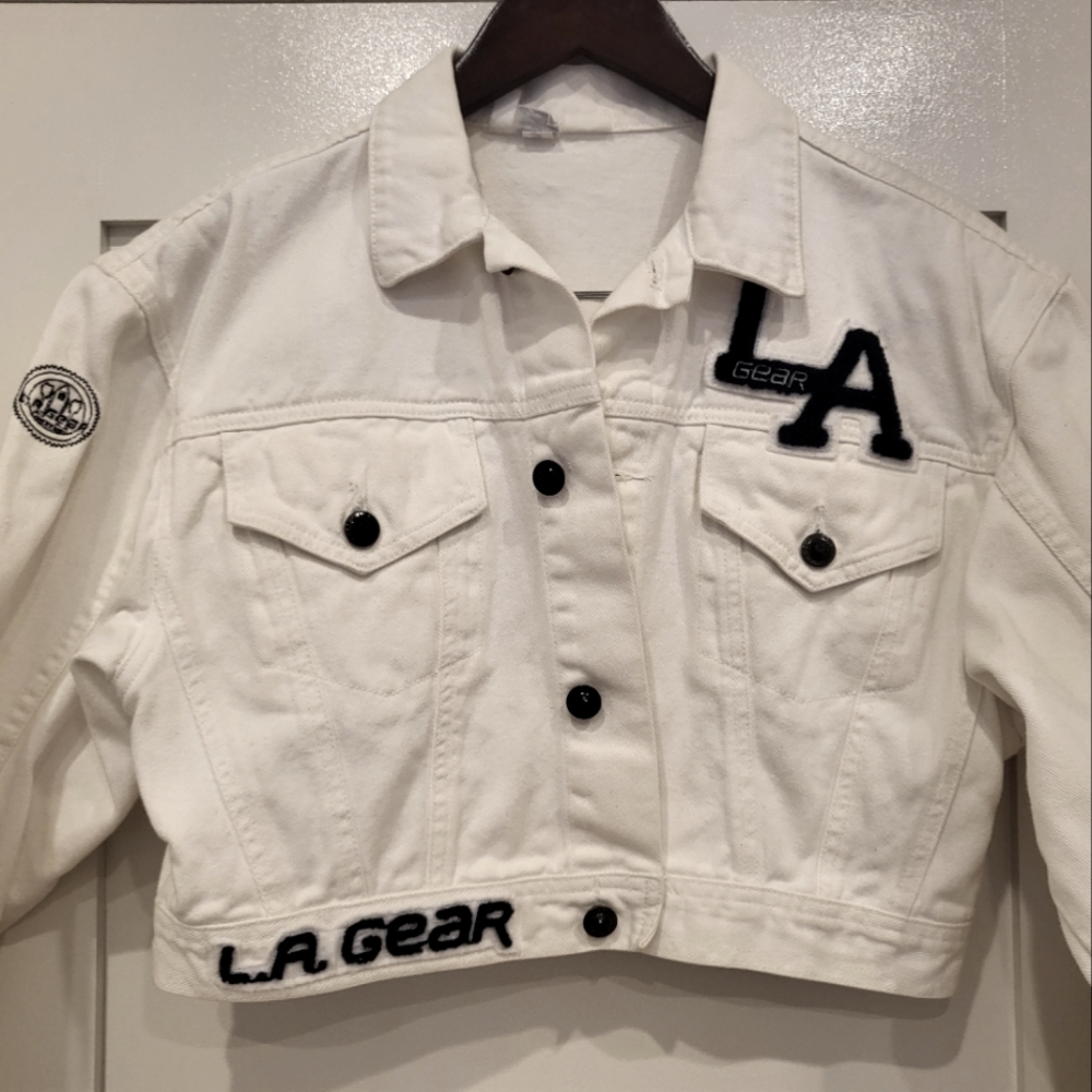 Vintage LA Gear CROP Denim Jacket White with Shoulder Pads BNWOT M